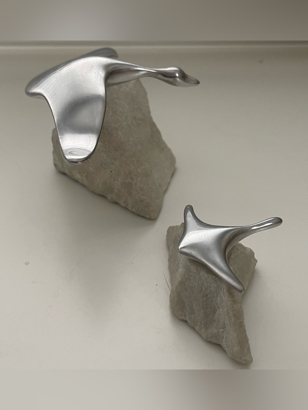 Pair Hoselton Geese in Flight Aluminum Sculptures on Granite Base Vintage Canada